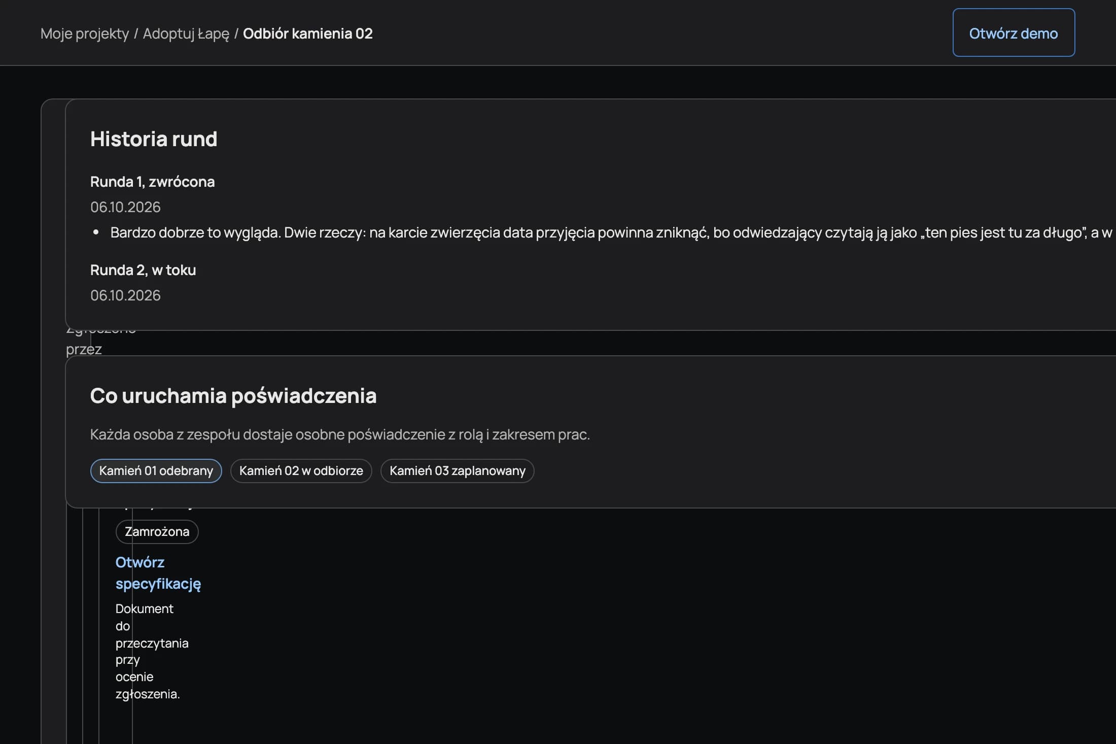 Ekran odbioru kamienia milowego z decyzją o odbiorze lub zwrocie z uwagami