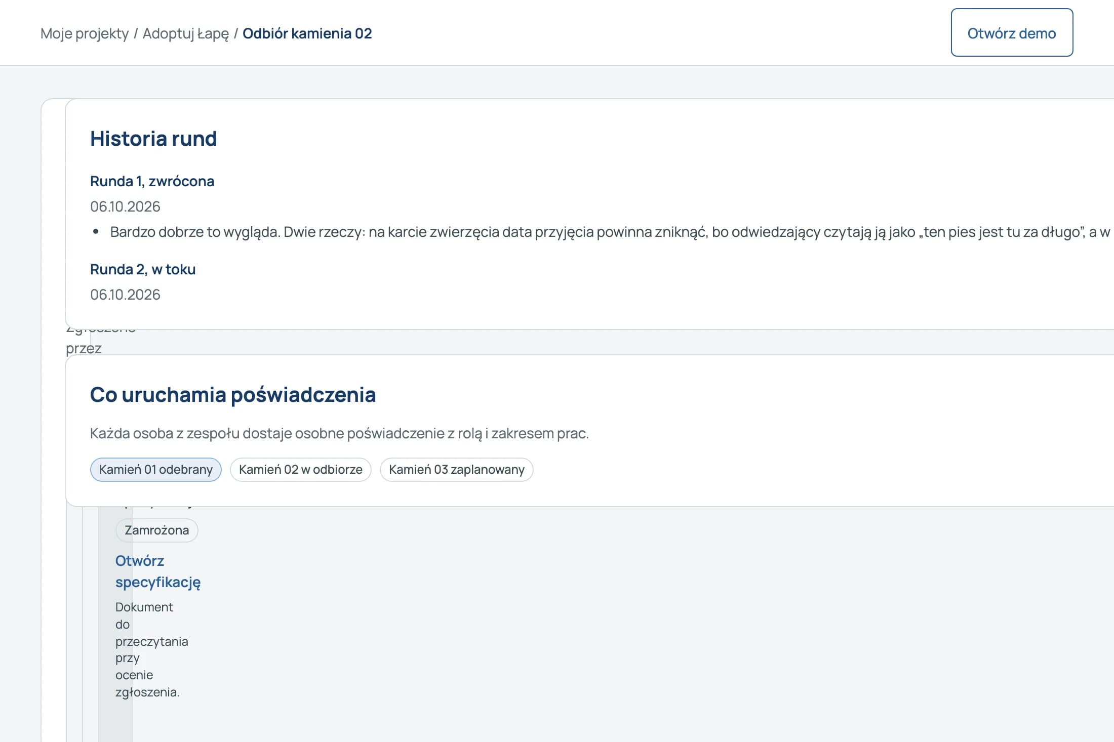 Ekran odbioru kamienia milowego z decyzją o odbiorze lub zwrocie z uwagami