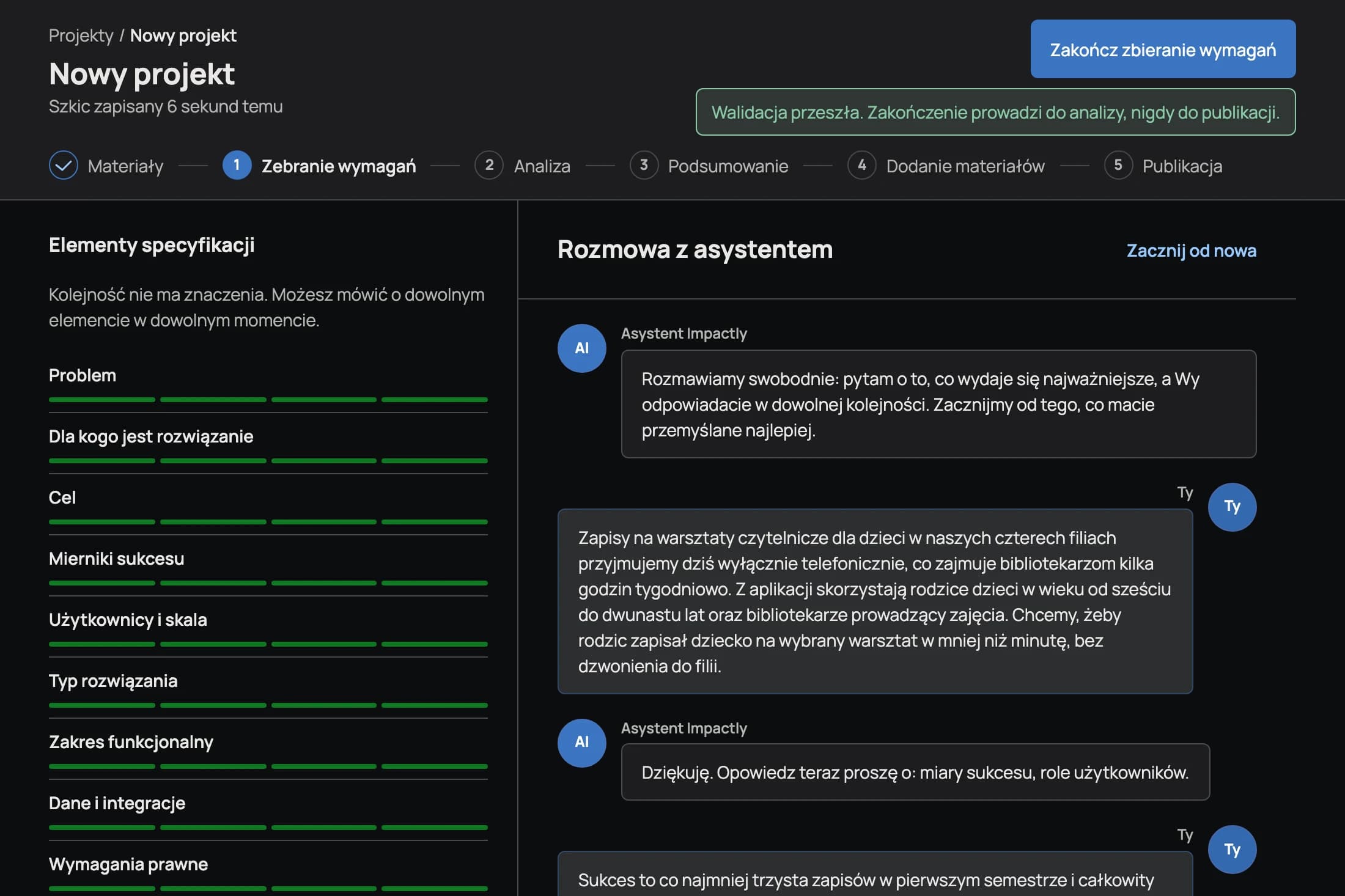 Ekran rozmowy z asystentem AI i lista elementów specyfikacji z postępem uzupełniania