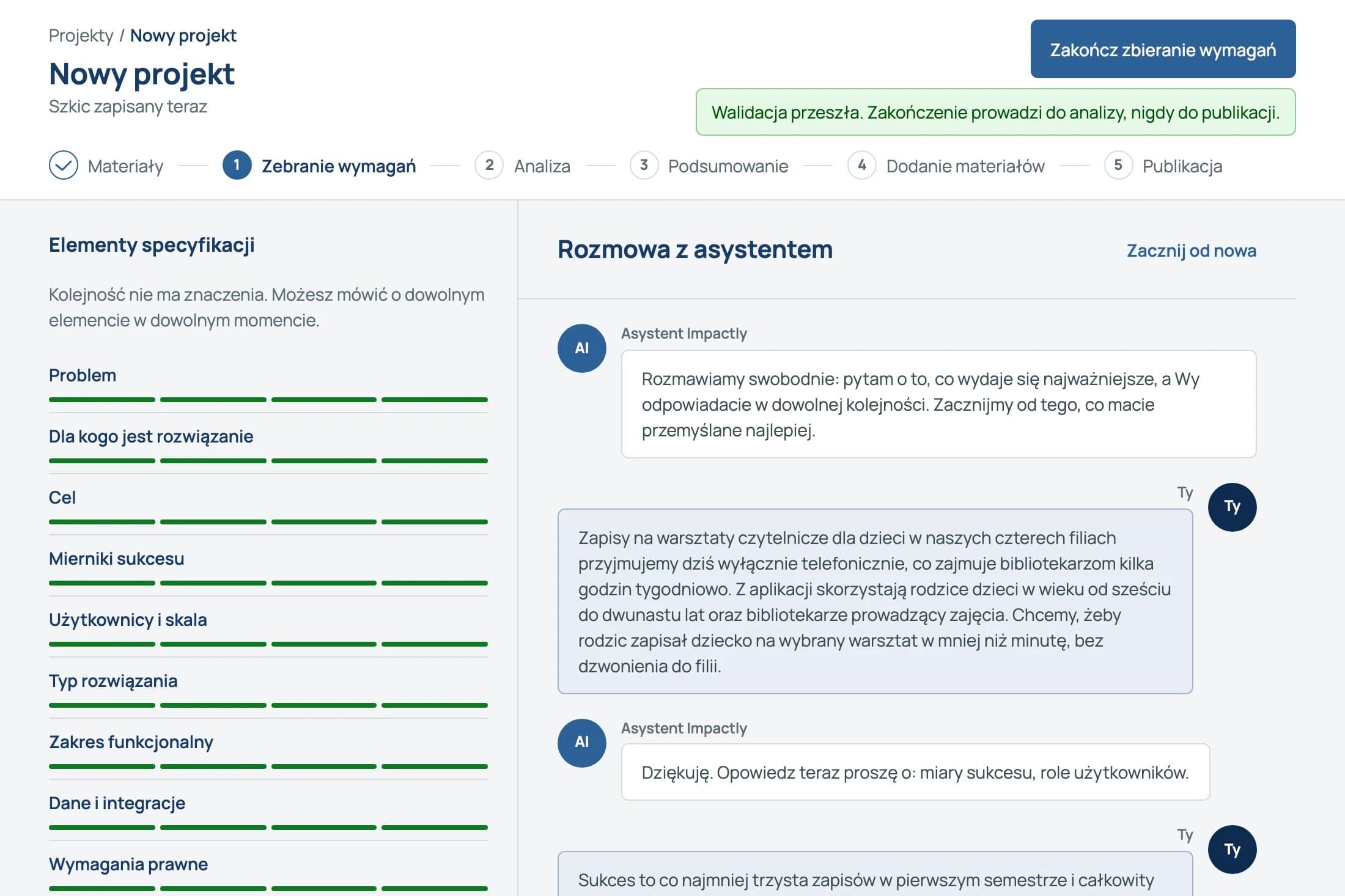 Ekran rozmowy z asystentem AI i lista elementów specyfikacji z postępem uzupełniania