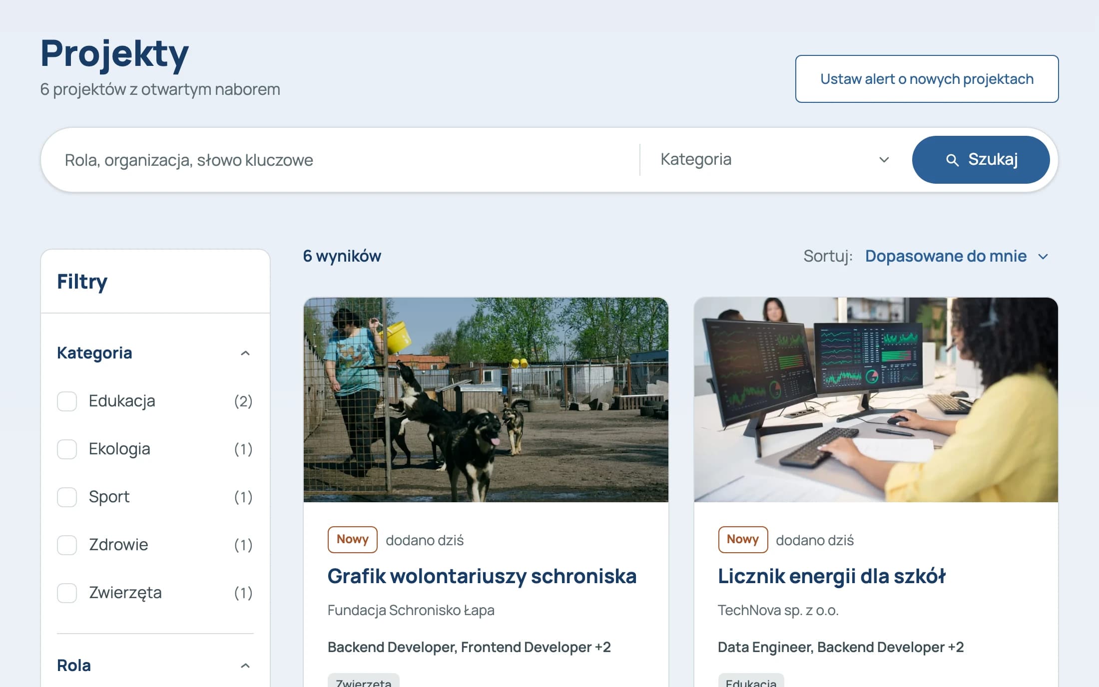 Katalog projektów: lista naborów z organizacją, rolami, zaangażowaniem i wolnymi miejscami