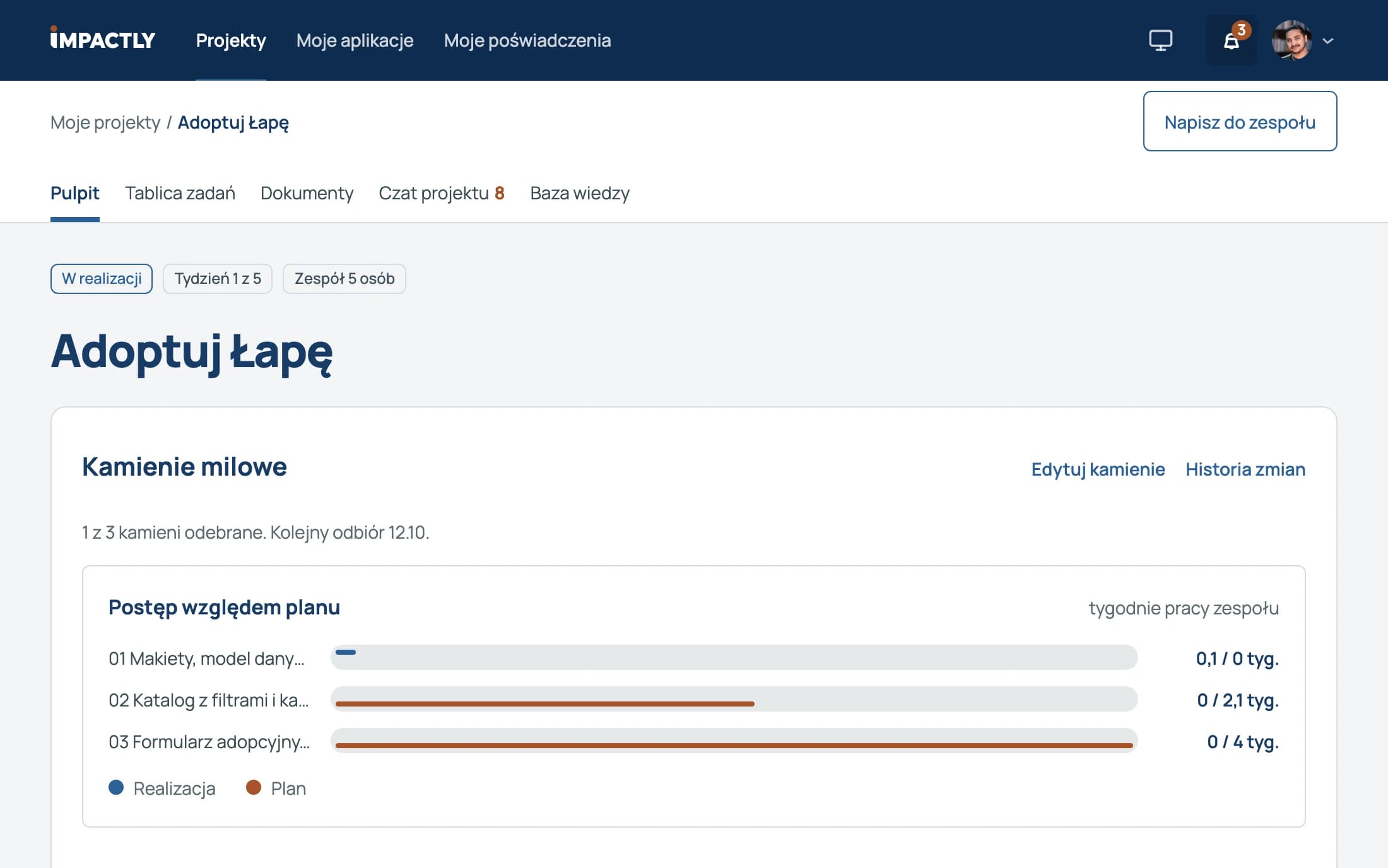 Panel projektu z postępem kamieni milowych i zadaniami zespołu